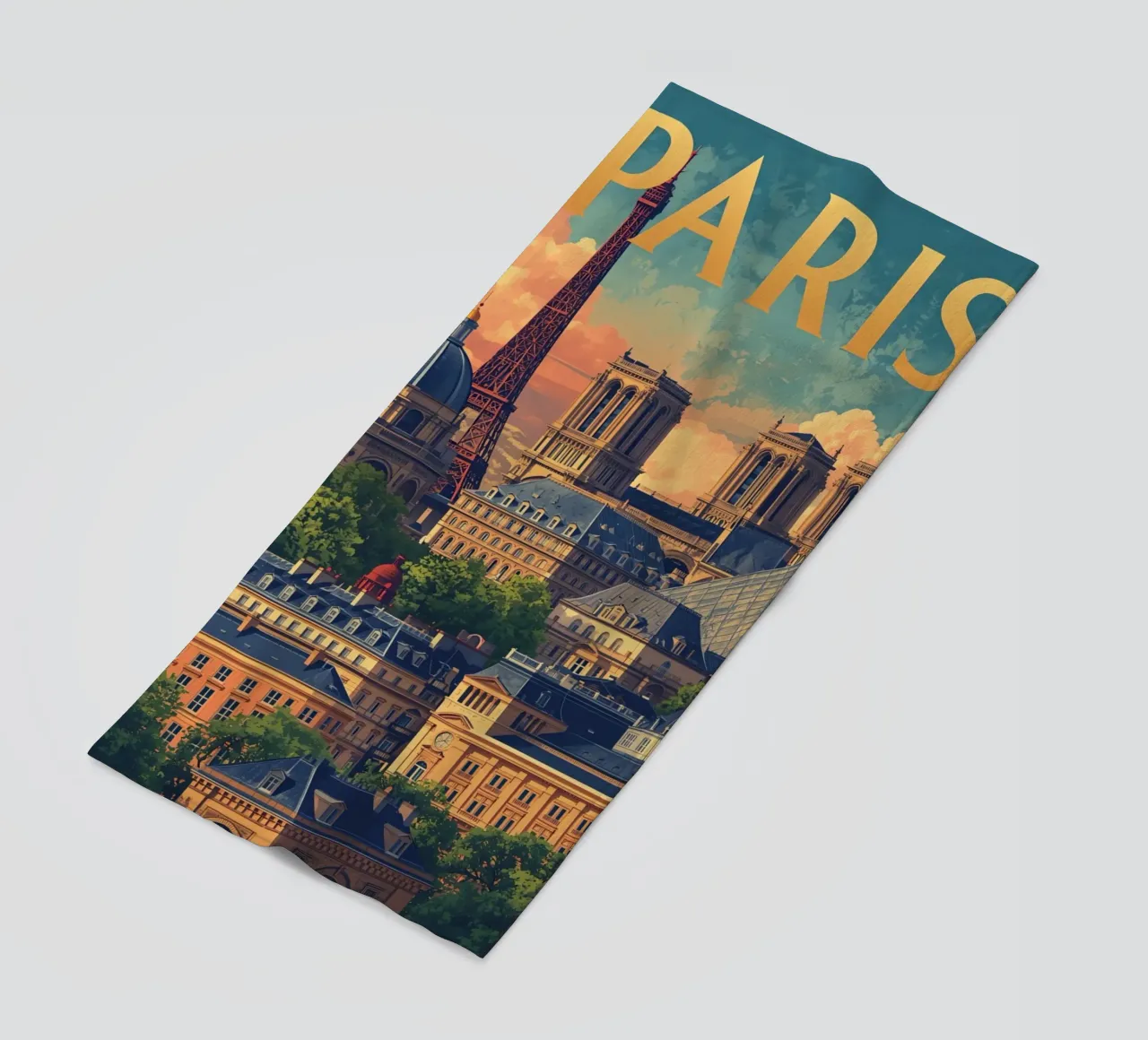 Paris Cityscape with Eiffel Tower and Notre Dame beach towel by DesignDoodle