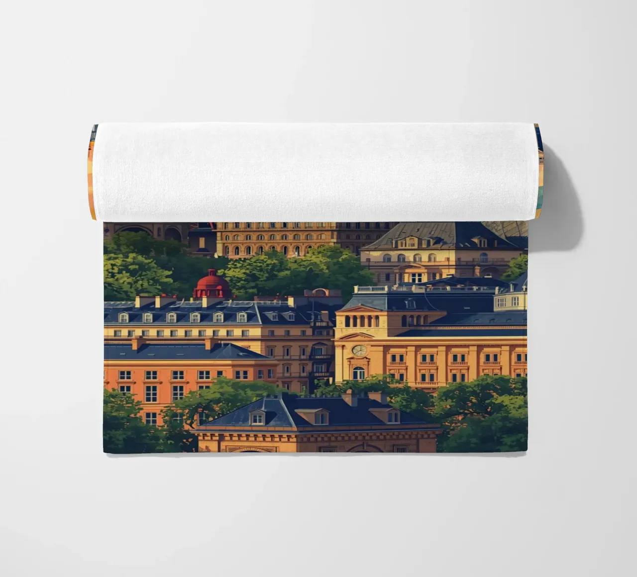 Paris Cityscape with Eiffel Tower and Notre Dame beach towel by DesignDoodle