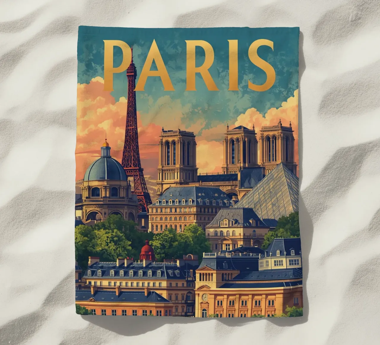 Paris Cityscape with Eiffel Tower and Notre Dame beach towel by DesignDoodle