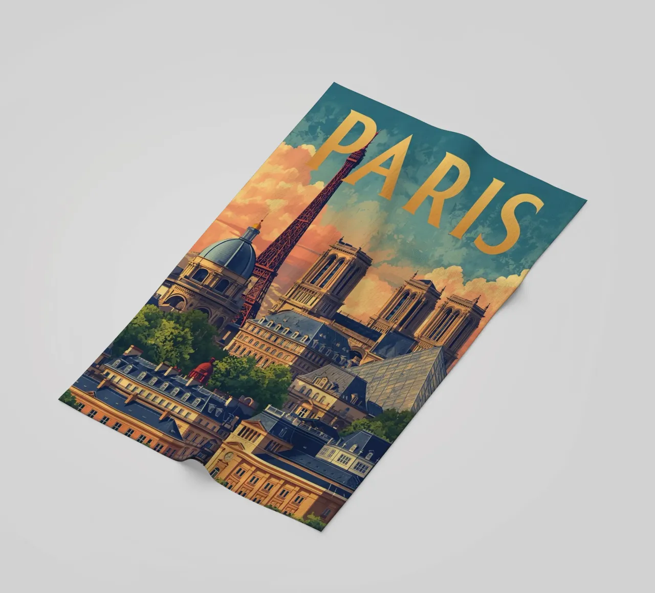 Paris Cityscape with Eiffel Tower and Notre Dame beach towel by DesignDoodle