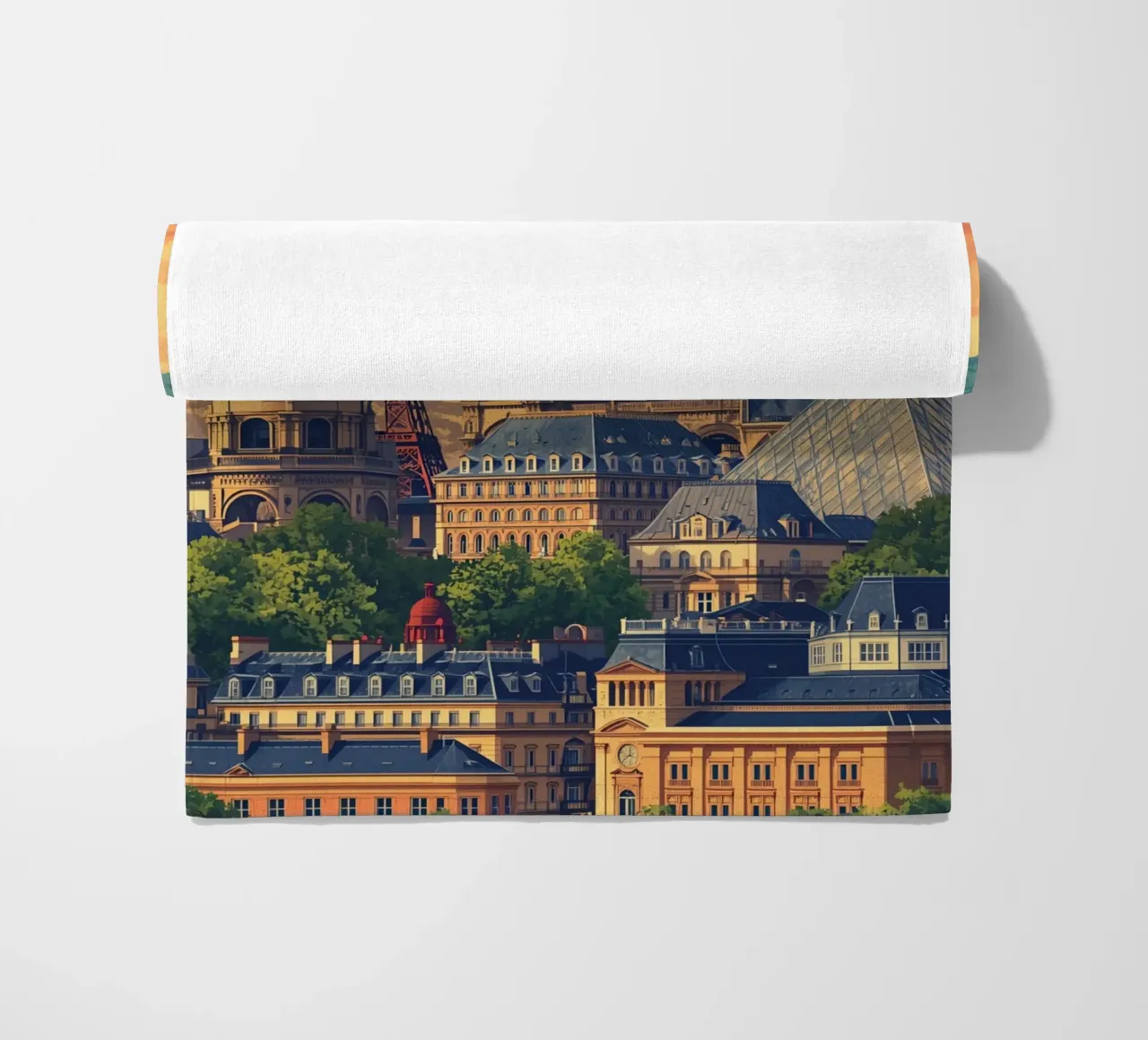 Paris Cityscape with Eiffel Tower and Notre Dame beach towel by DesignDoodle