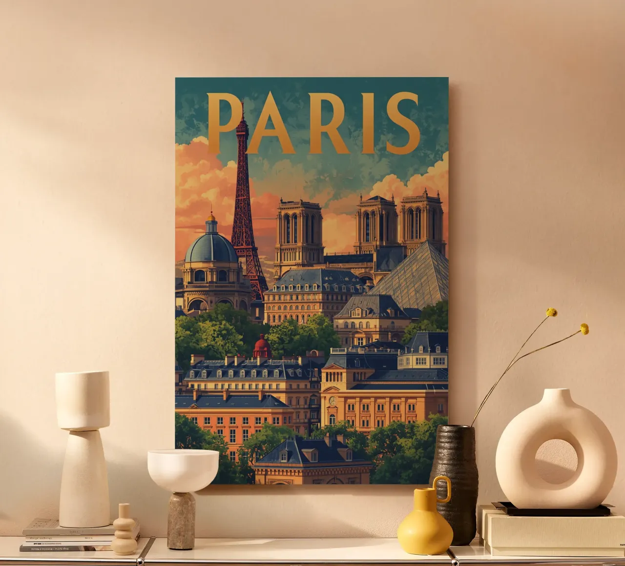 Paesaggio urbano di Parigi con Torre Eiffel e Notre Dame alluminio dibond da DesignDoodle