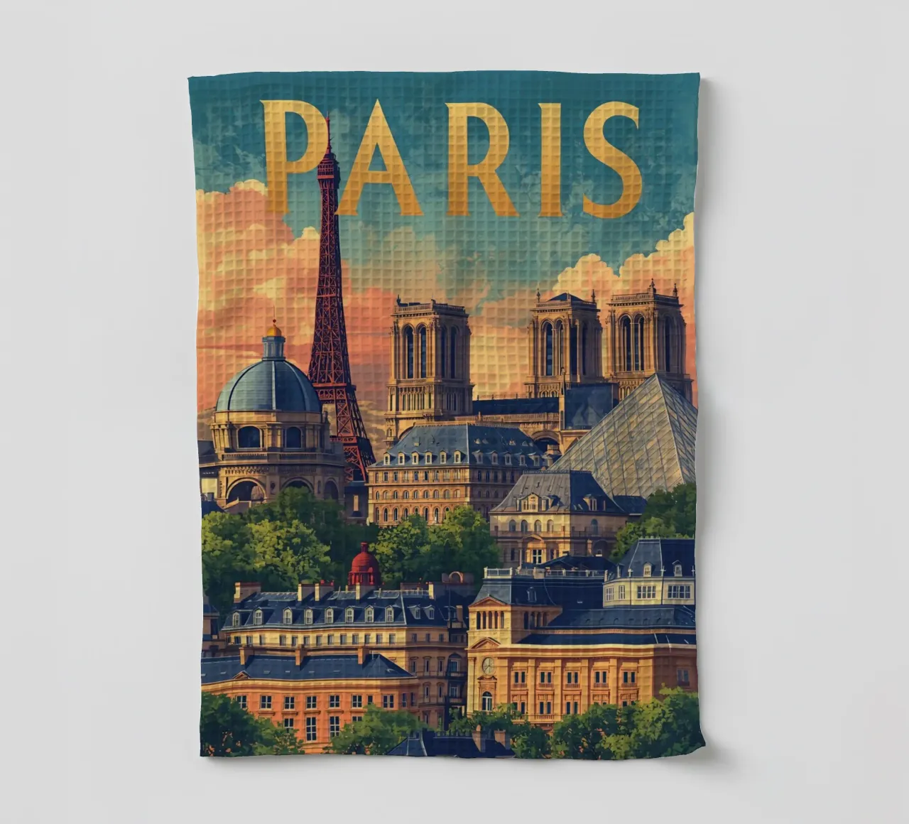 Pariser Stadtbild mit Eiffelturm und Notre Dame Geschirrtuch von DesignDoodle