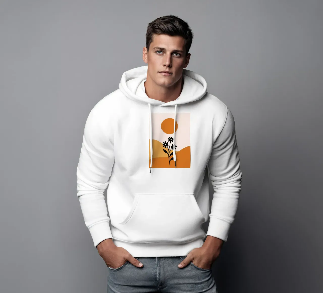 Paesaggio floreale minimalista con sole felpa con cappuccio da PosterByFly