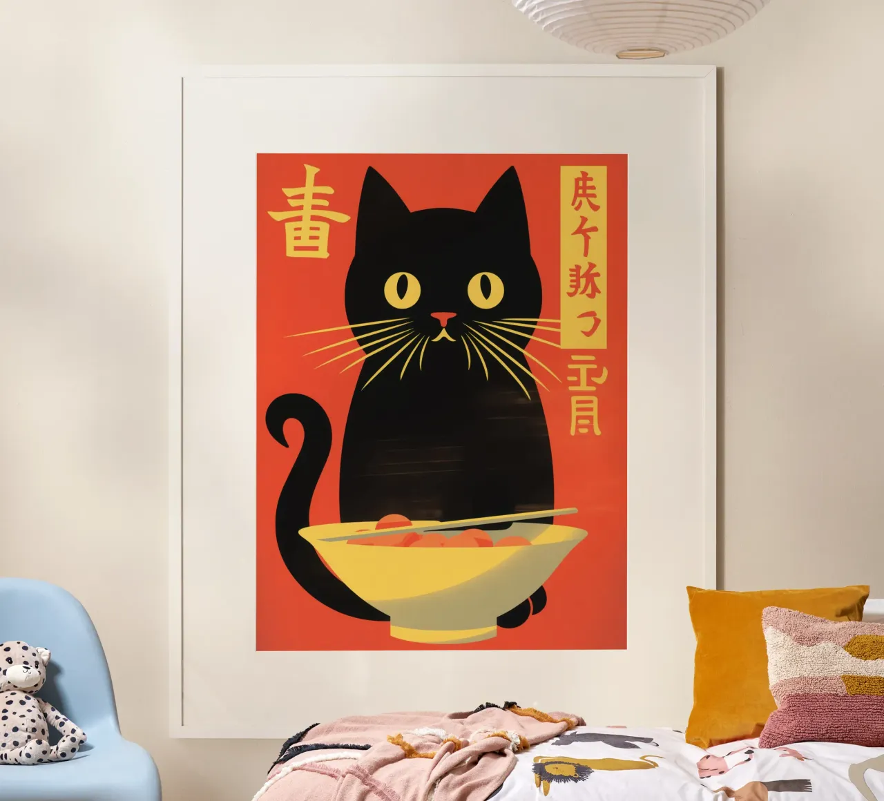Black Japanese ramen noodle cat poster by Autofocus