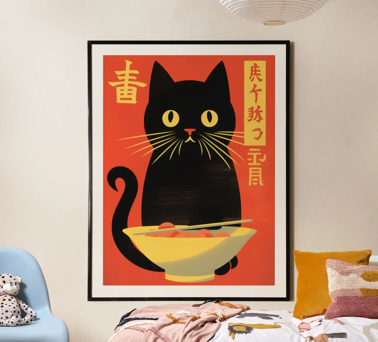 Black Japanese ramen noodle cat poster by Autofocus