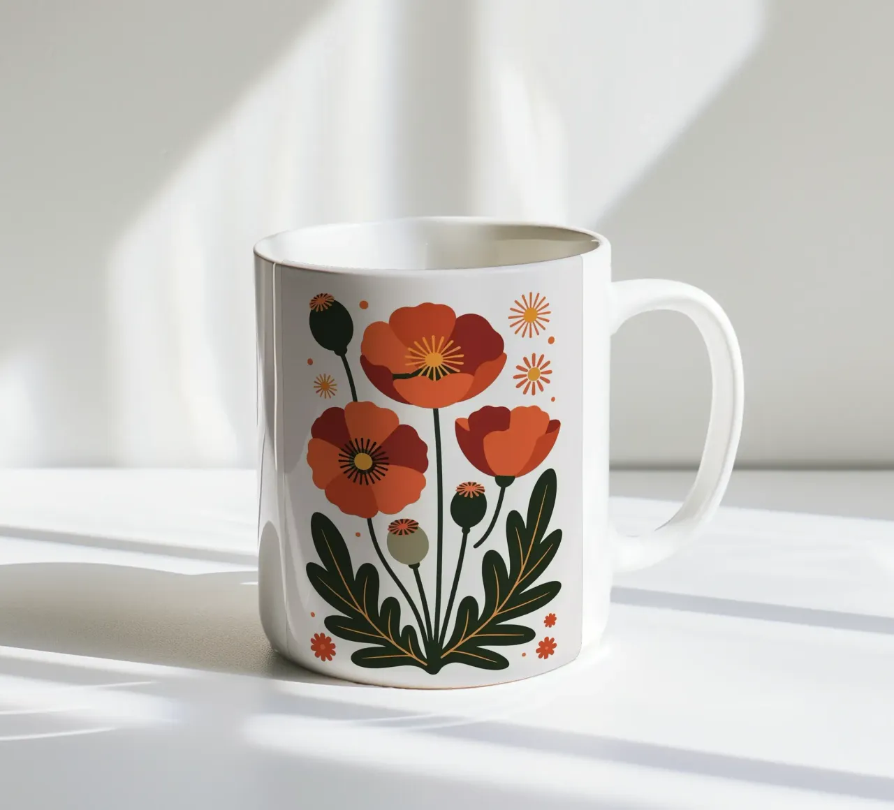 Illustrazione floreale con papaveri e foglie tazza in ceramica da PosterByFly