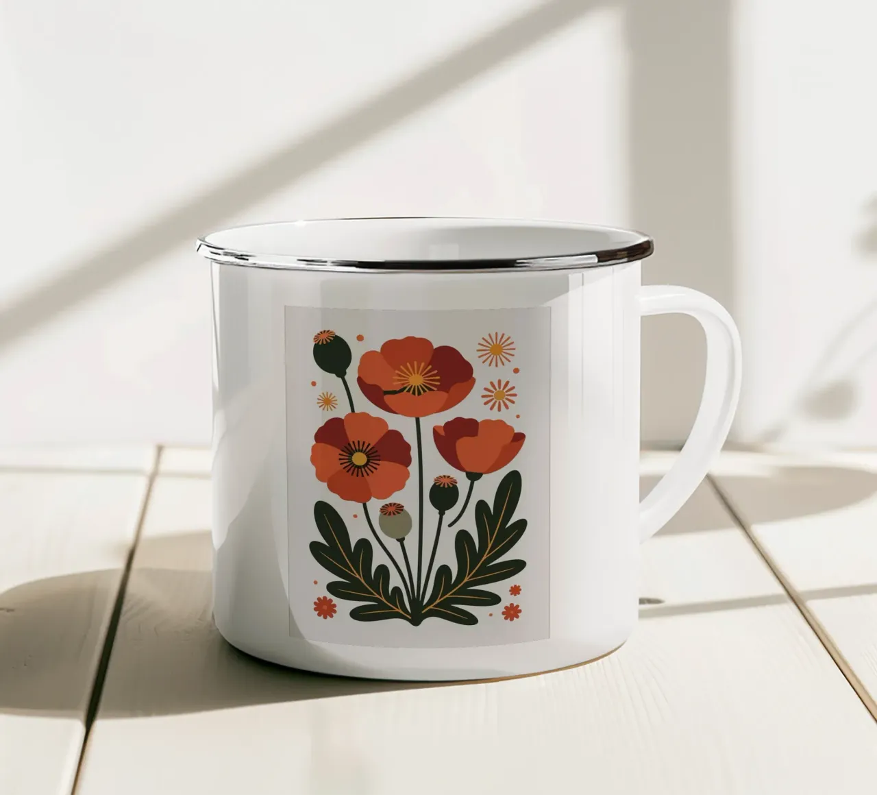 Illustrazione floreale con papaveri e foglie tazza in smalto da PosterByFly