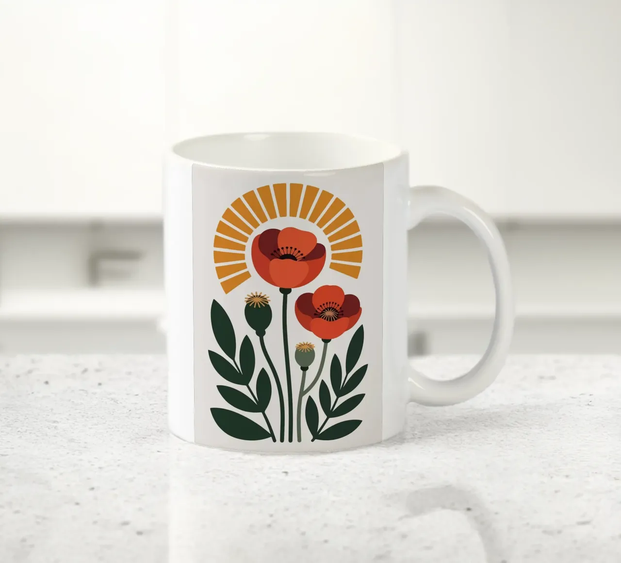 Illustrazione di un fiore di papavero stilizzato tazza in ceramica da PosterByFly