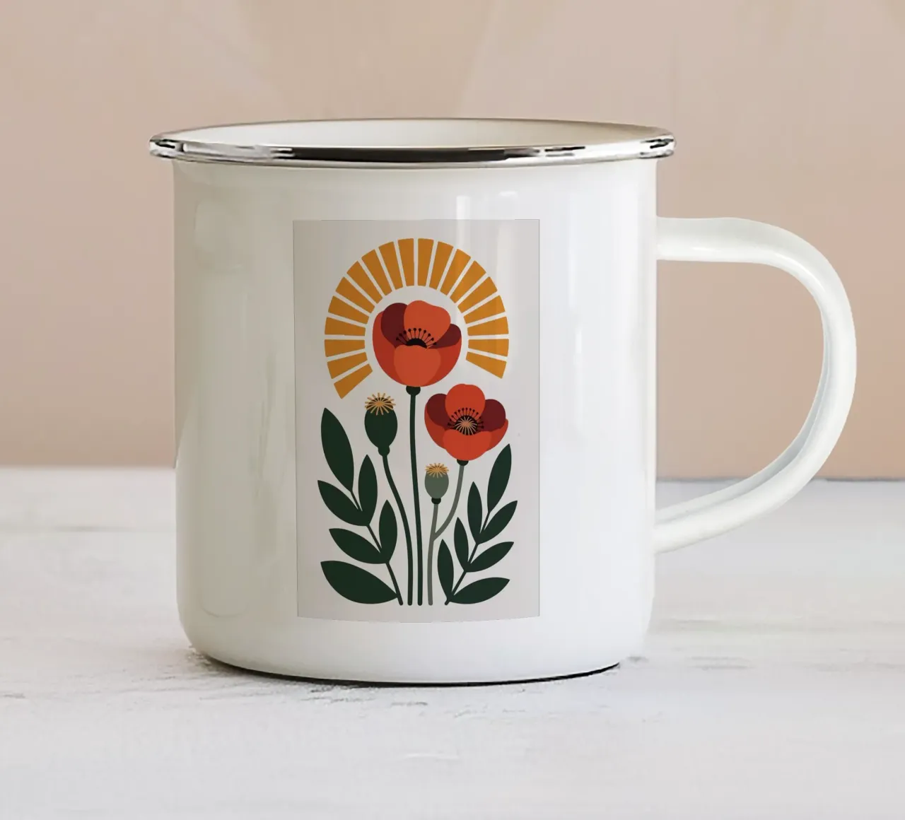 Illustrazione di un fiore di papavero stilizzato tazza in smalto da PosterByFly