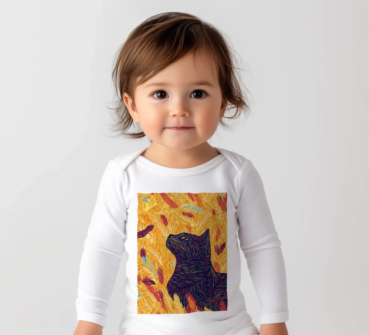 Gatto con piume, ritratto di gatto in line art body neonato maniche lunghe da PosterByFly