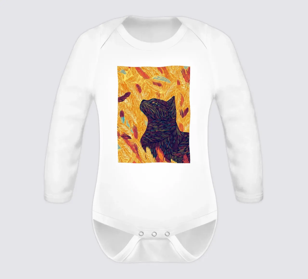 Gatto con piume, ritratto di gatto in line art body neonato maniche lunghe da PosterByFly