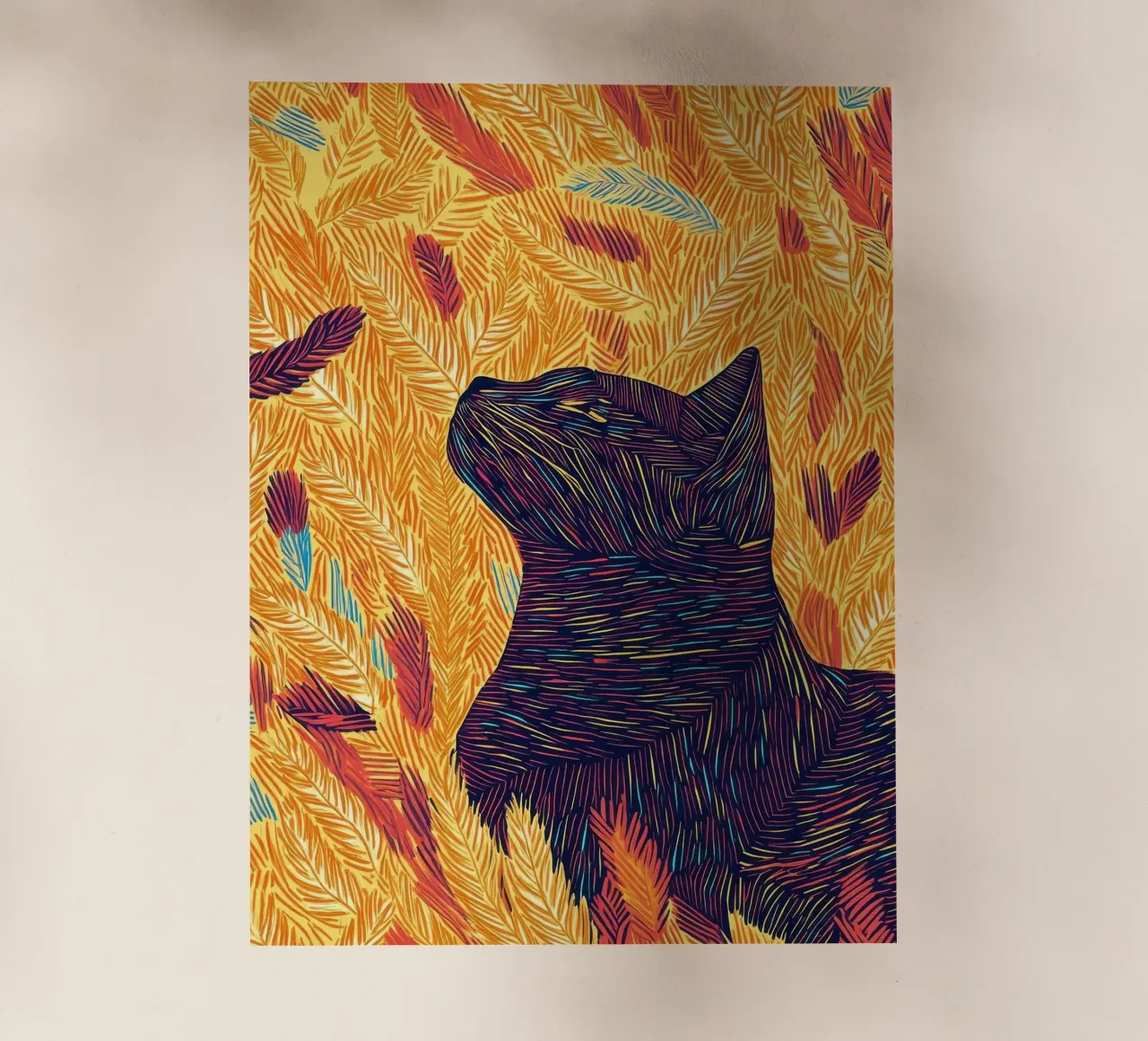 Gatto con piume, ritratto di gatto in line art pellicola backlit da PosterByFly
