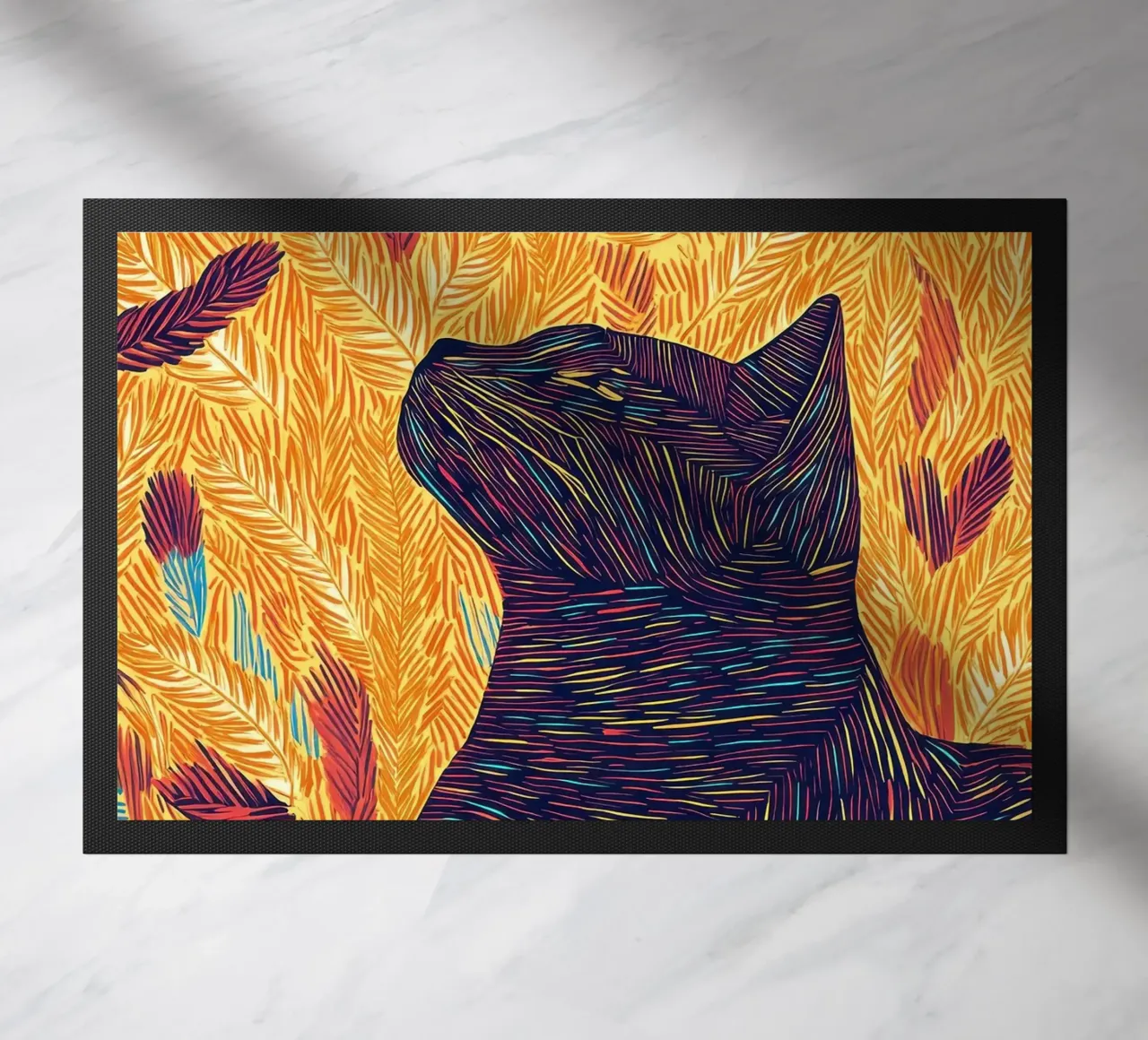 Gatto con piume, ritratto di gatto in line art zerbino da PosterByFly
