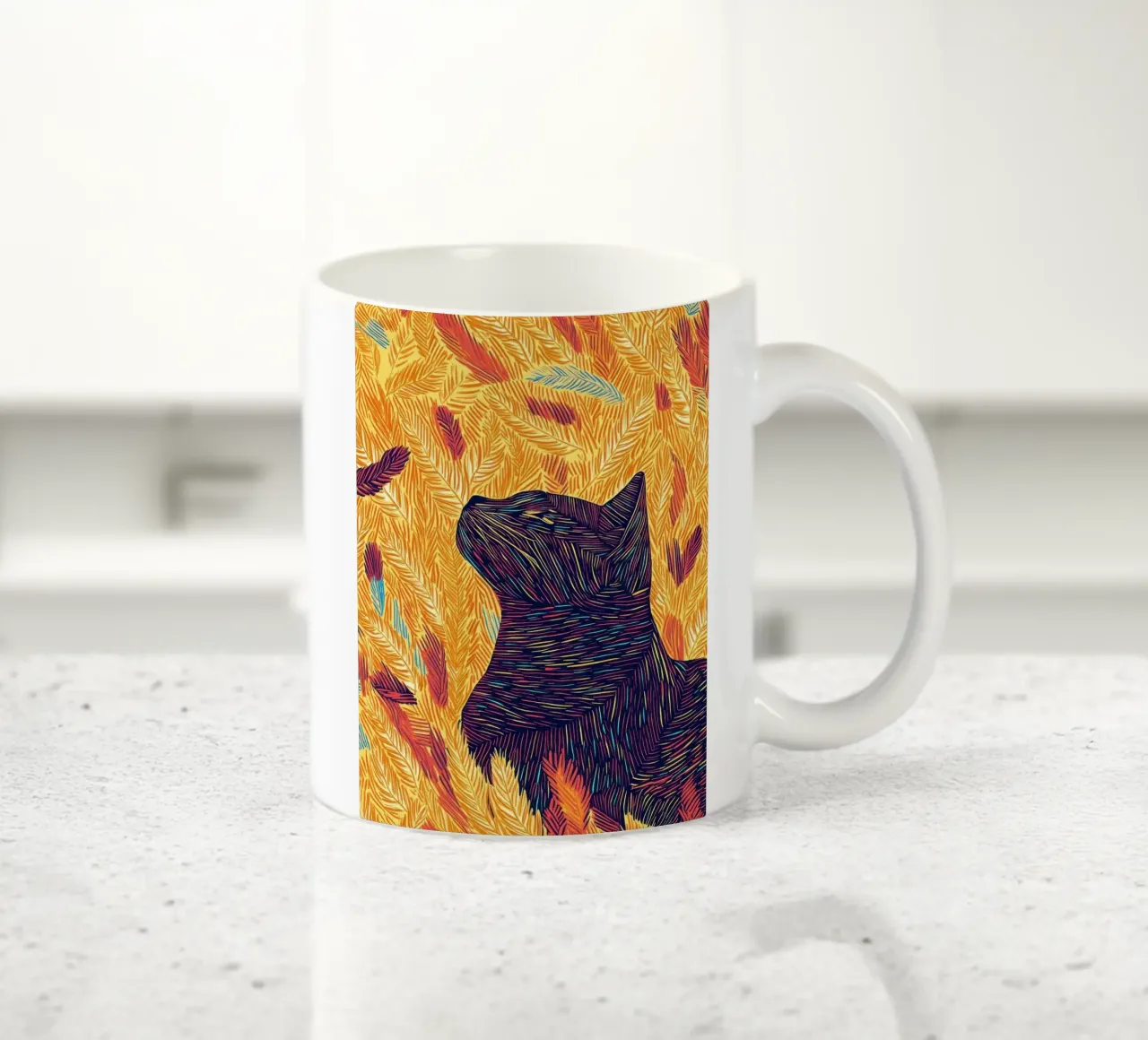 Gatto con piume, ritratto di gatto in line art tazza in ceramica da PosterByFly