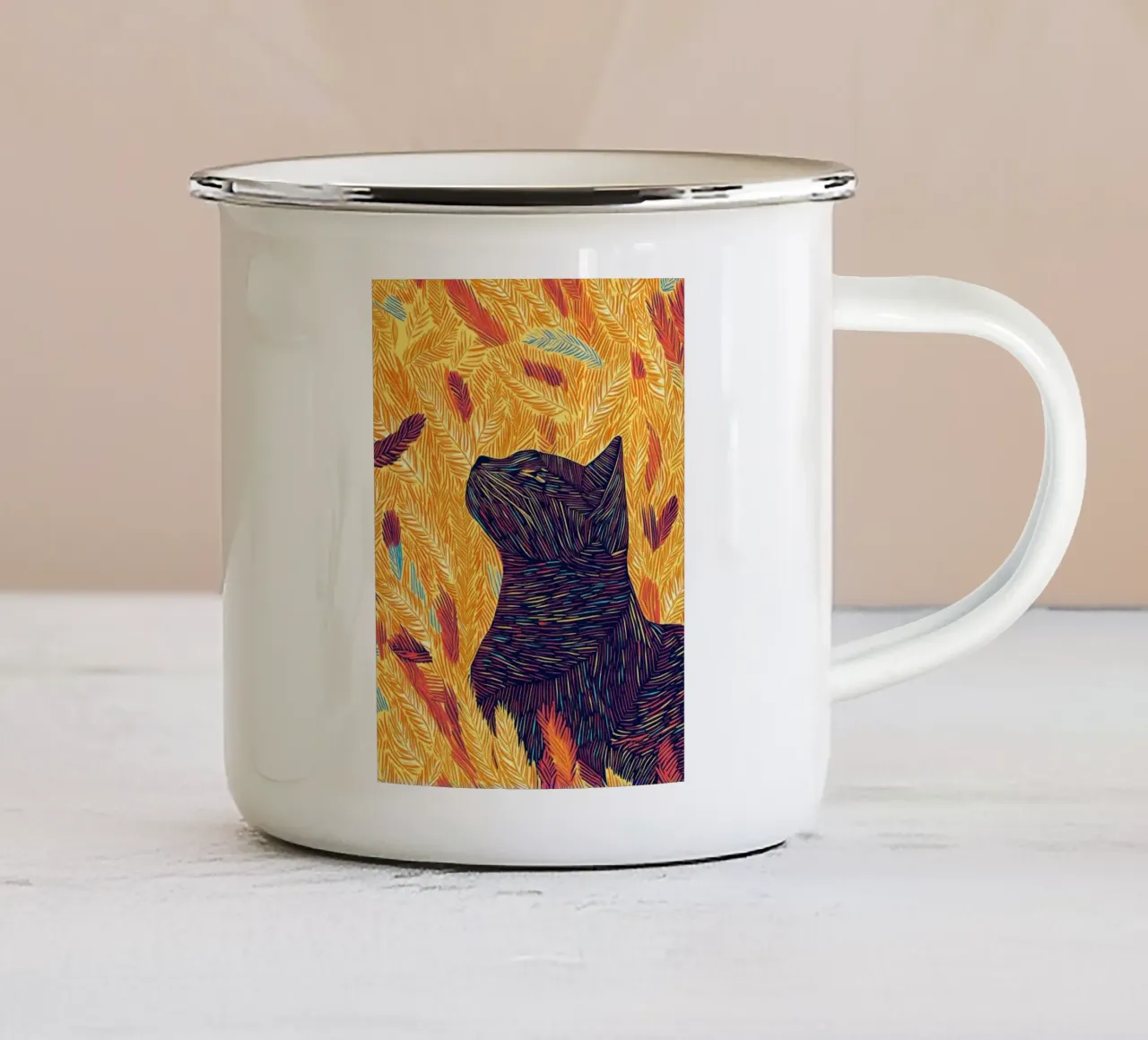 Gatto con piume, ritratto di gatto in line art tazza in smalto da PosterByFly