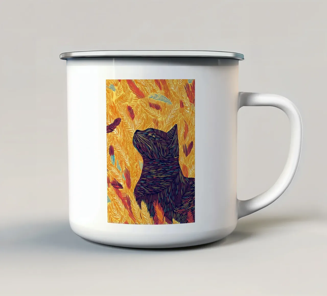Gatto con piume, ritratto di gatto in line art tazza in smalto da PosterByFly