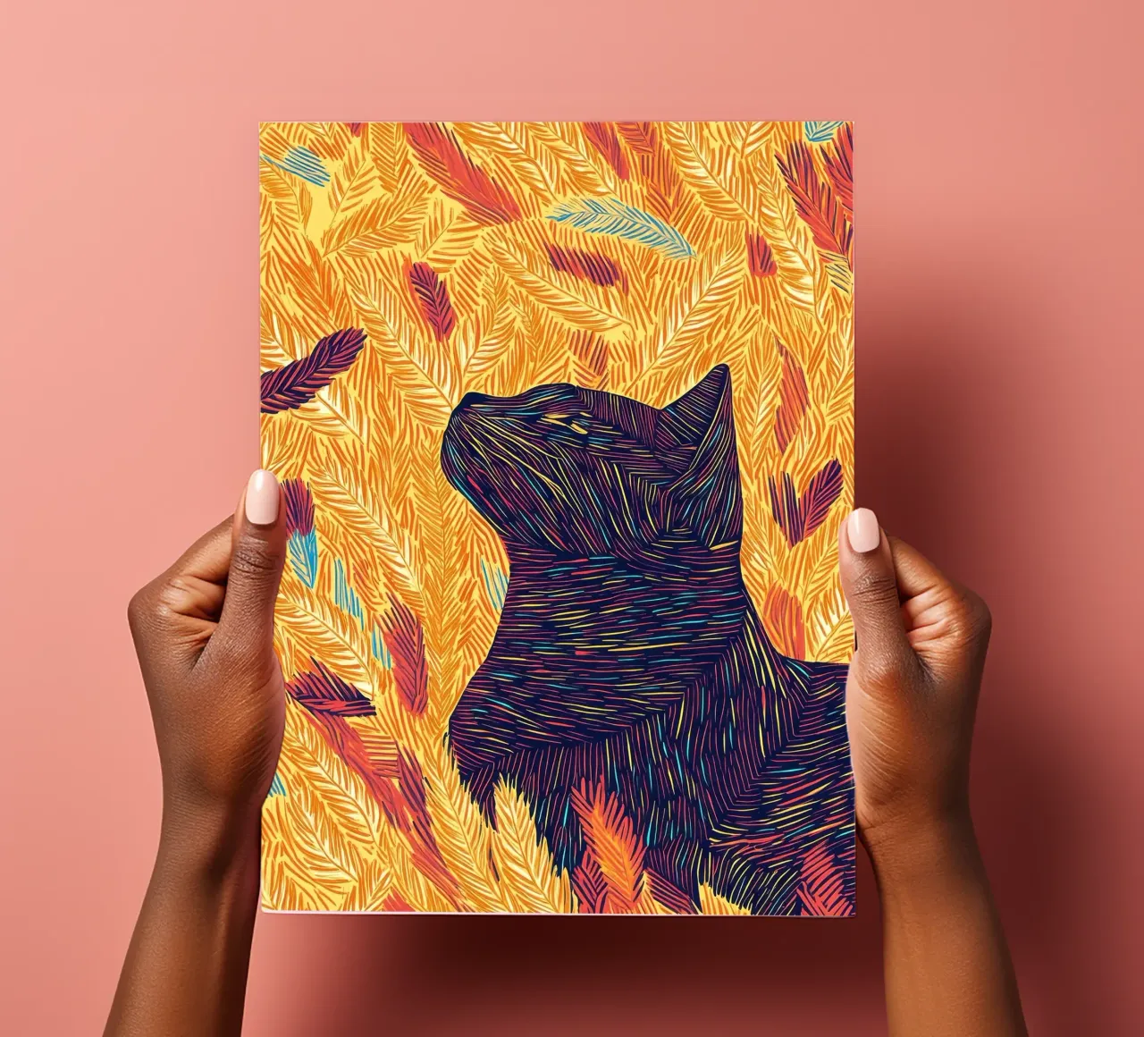 Gatto con piume, ritratto di gatto in line art foglio adesivo da PosterByFly