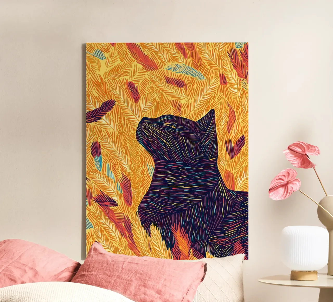 Gatto con piume, ritratto di gatto in line art tela da PosterByFly
