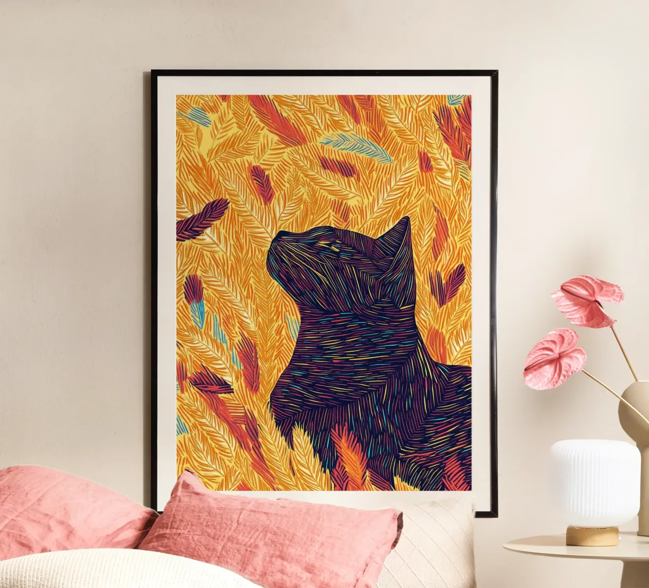 Gatto con piume, ritratto di gatto in line art poster da PosterByFly