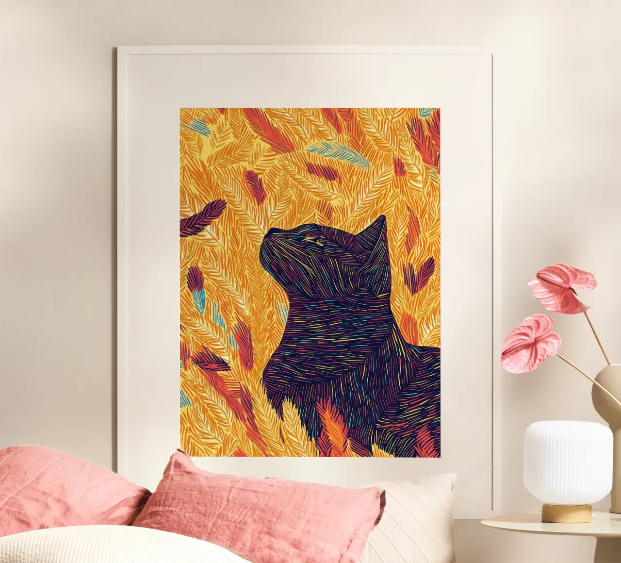 Gatto con piume, ritratto di gatto in line art poster da PosterByFly