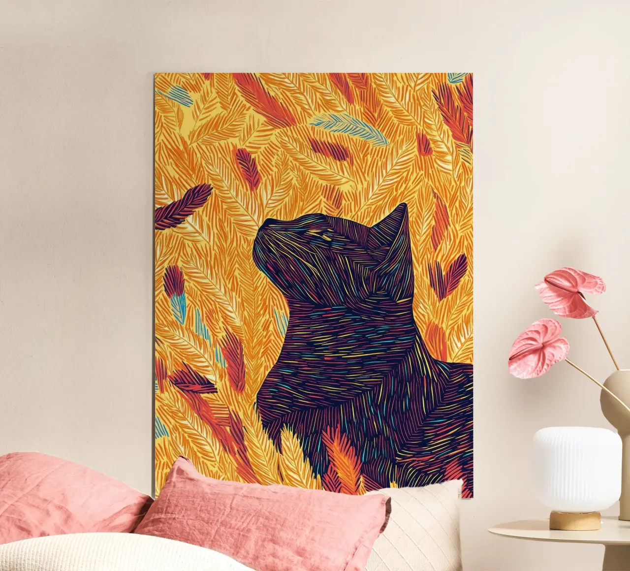Gatto con piume, ritratto di gatto in line art poster da PosterByFly