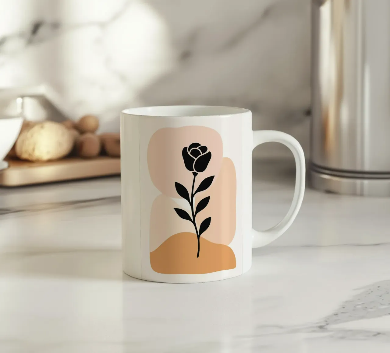 Illustrazione astratta di una rosa con forme neutre tazza in ceramica da PosterByFly