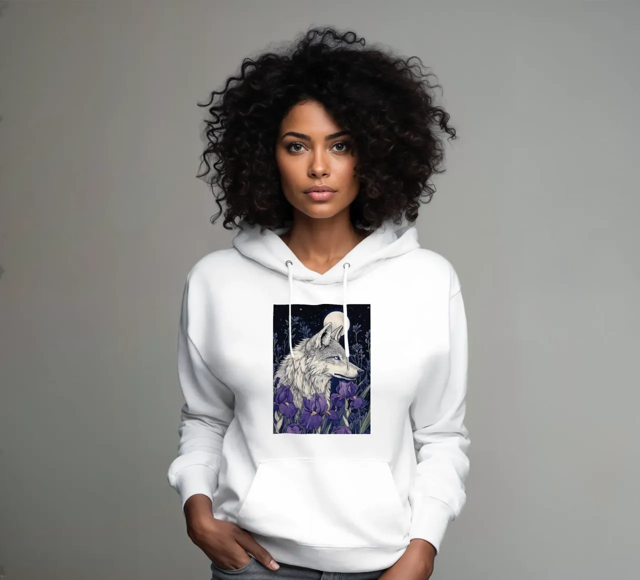 Lupo e Iris, fiori viola lupo luna piena felpa con cappuccio da PosterByFly