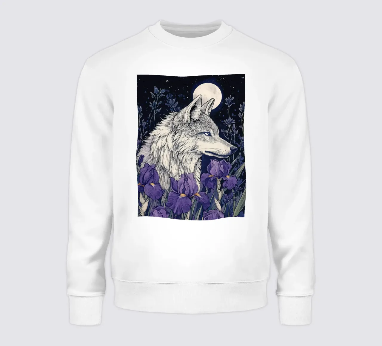 Lupo e Iris, fiori viola lupo luna piena felpa da PosterByFly