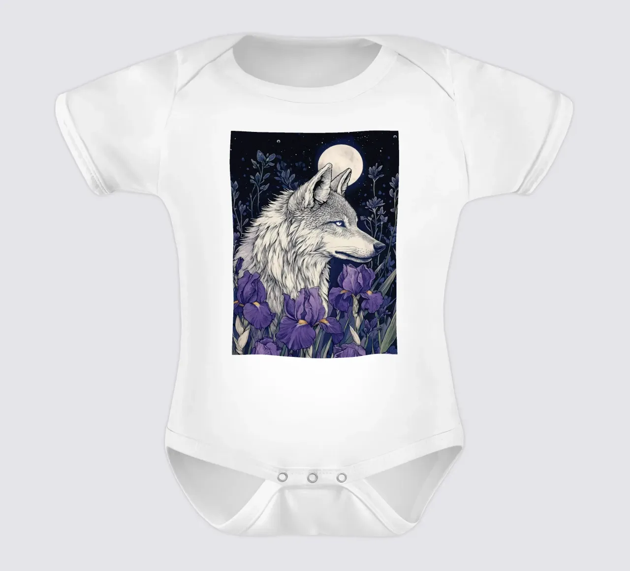 Lupo e Iris, fiori viola lupo luna piena body neonato maniche corte da PosterByFly