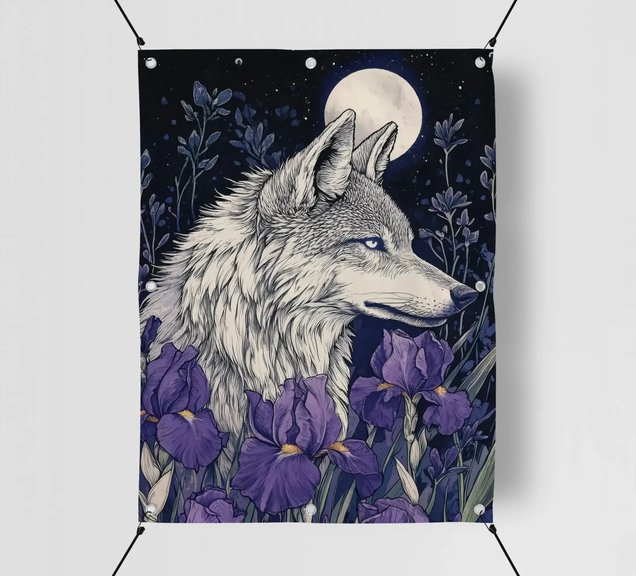 Lupo e Iris, fiori viola lupo luna piena telo in pvc da PosterByFly