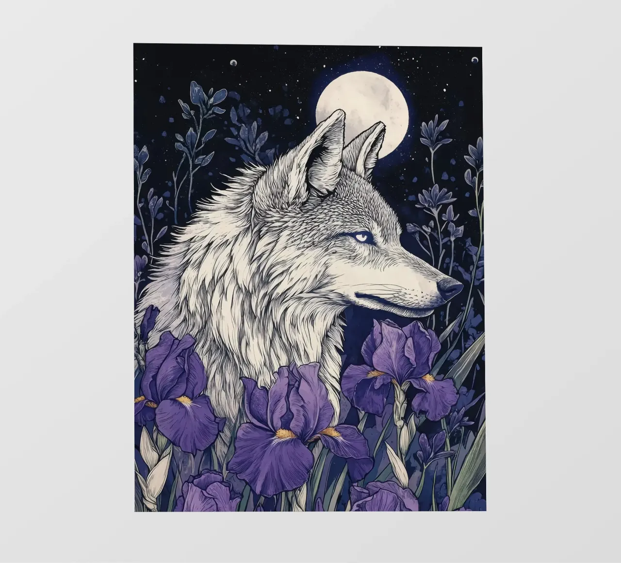 Lupo e Iris, fiori viola lupo luna piena telo in pvc da PosterByFly