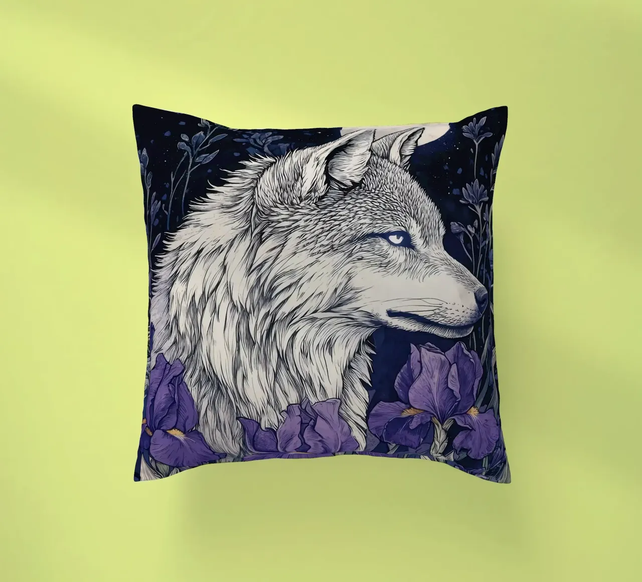 Lupo e Iris, fiori viola lupo luna piena cuscino da PosterByFly