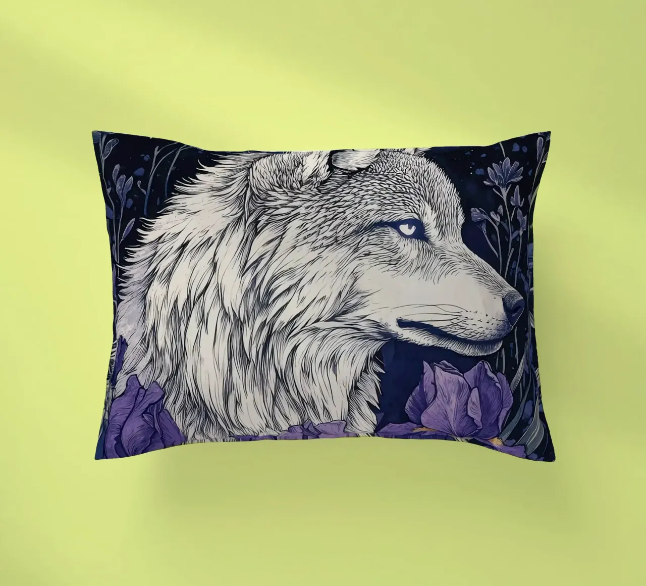 Lupo e Iris, fiori viola lupo luna piena cuscino da PosterByFly