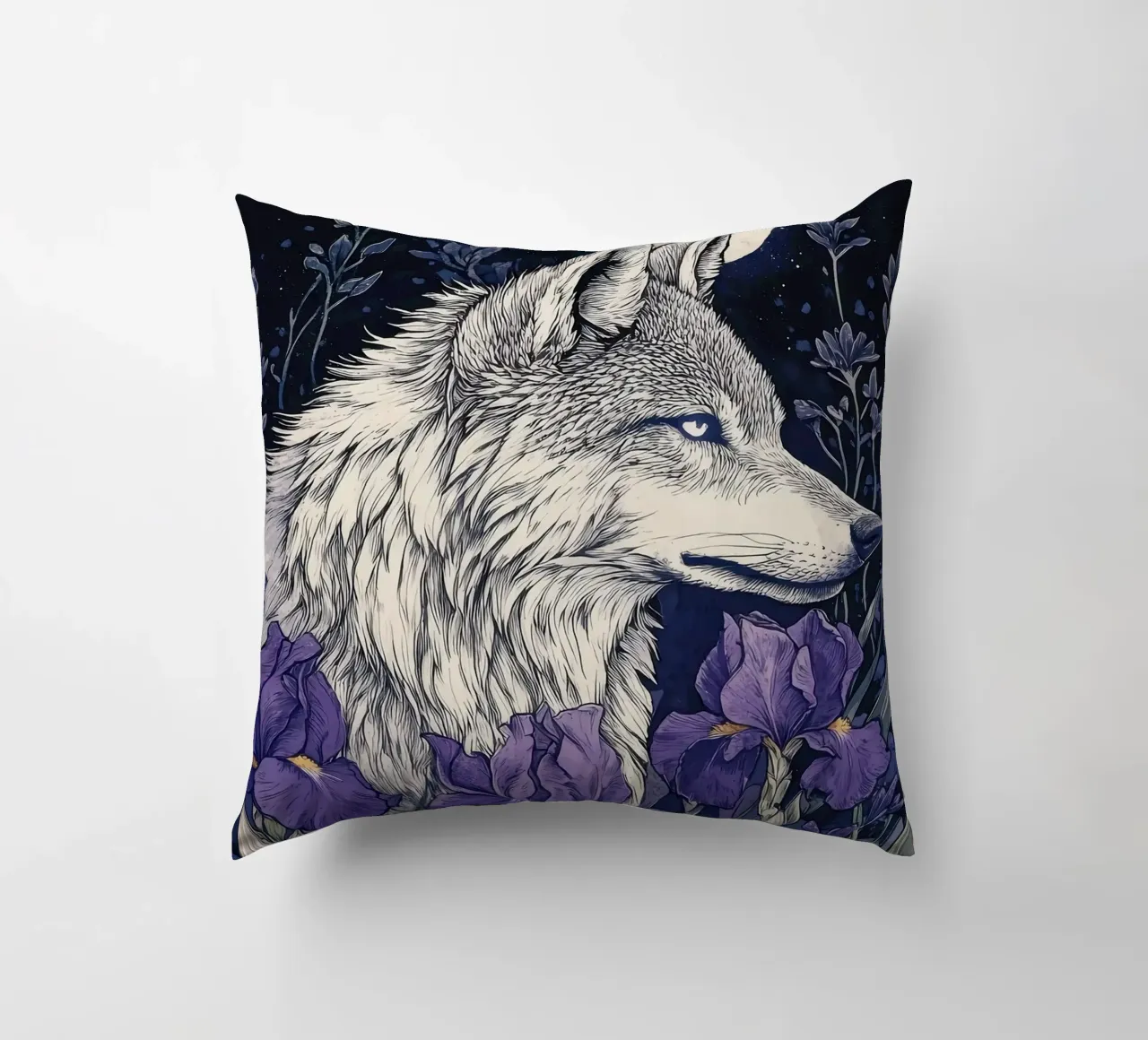 Lupo e Iris, fiori viola lupo luna piena cuscino da PosterByFly