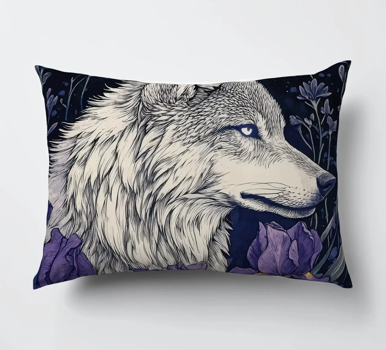 Lupo e Iris, fiori viola lupo luna piena cuscino da PosterByFly