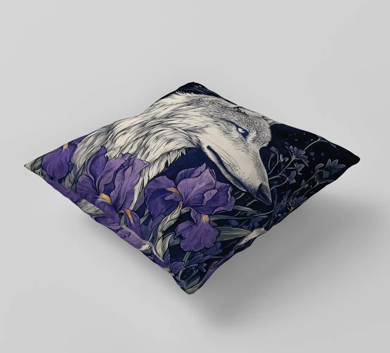 Lupo e Iris, fiori viola lupo luna piena cuscino da PosterByFly