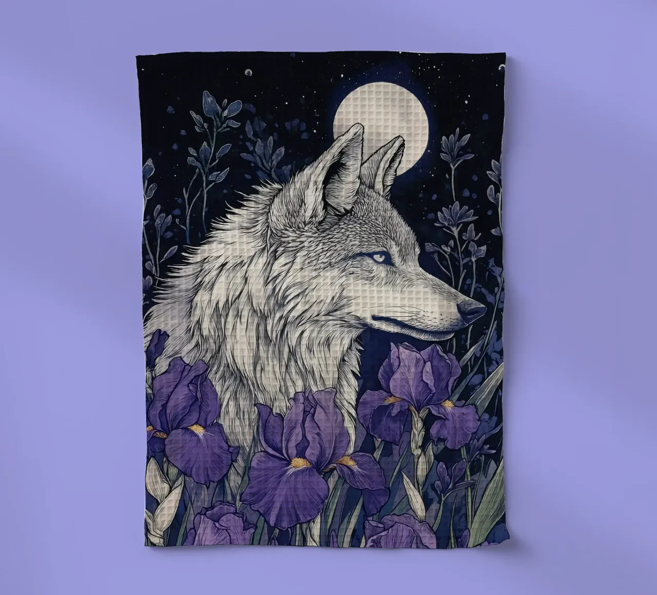 Lupo e Iris, fiori viola lupo luna piena canovaccio da cucina da PosterByFly