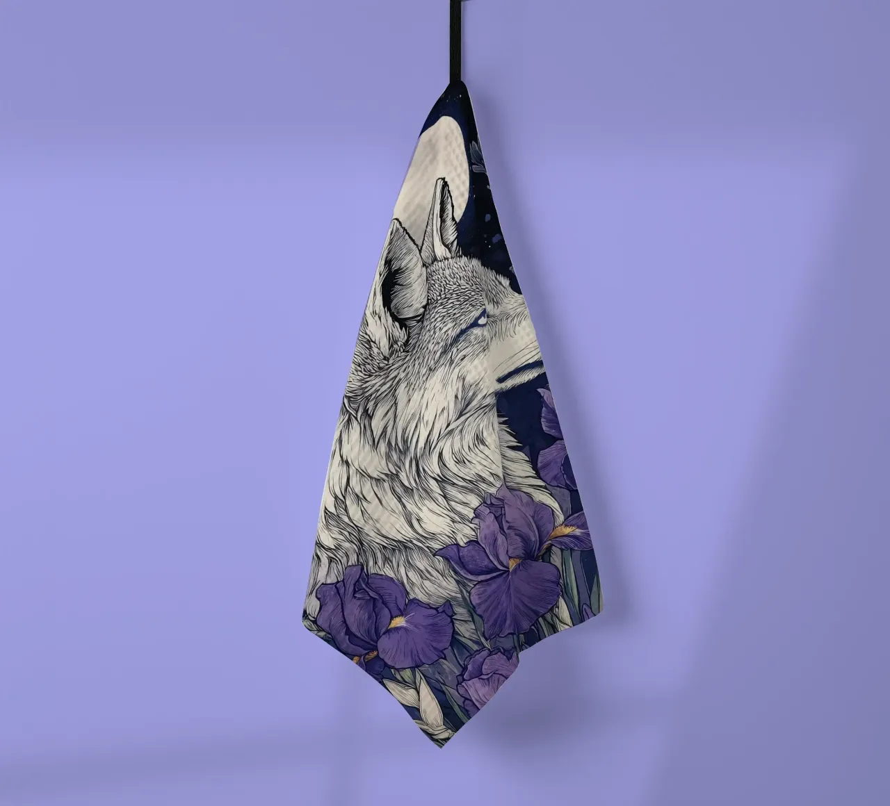 Lupo e Iris, fiori viola lupo luna piena canovaccio da cucina da PosterByFly