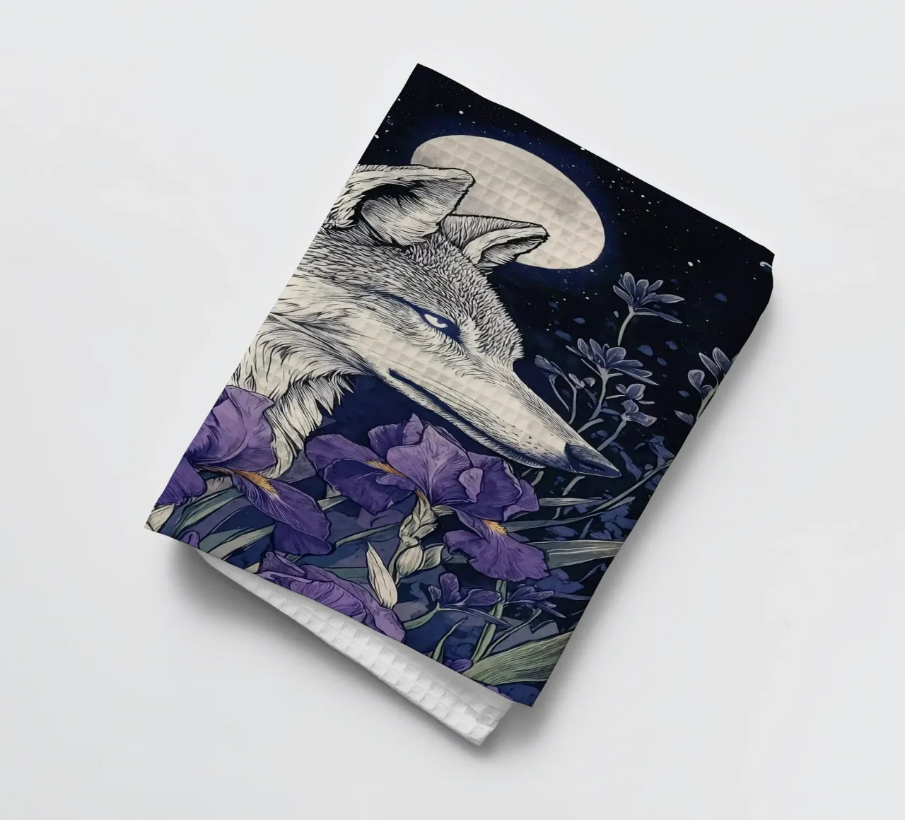 Lupo e Iris, fiori viola lupo luna piena canovaccio da cucina da PosterByFly
