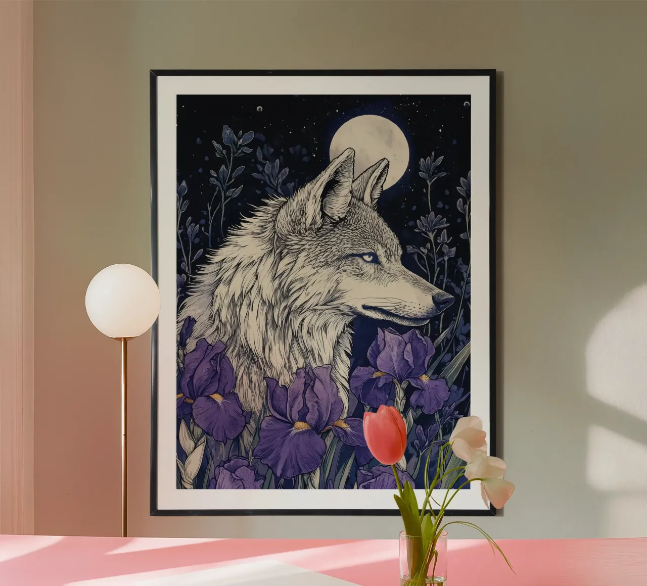 Lupo e Iris, fiori viola lupo luna piena carta hahnemühle da PosterByFly