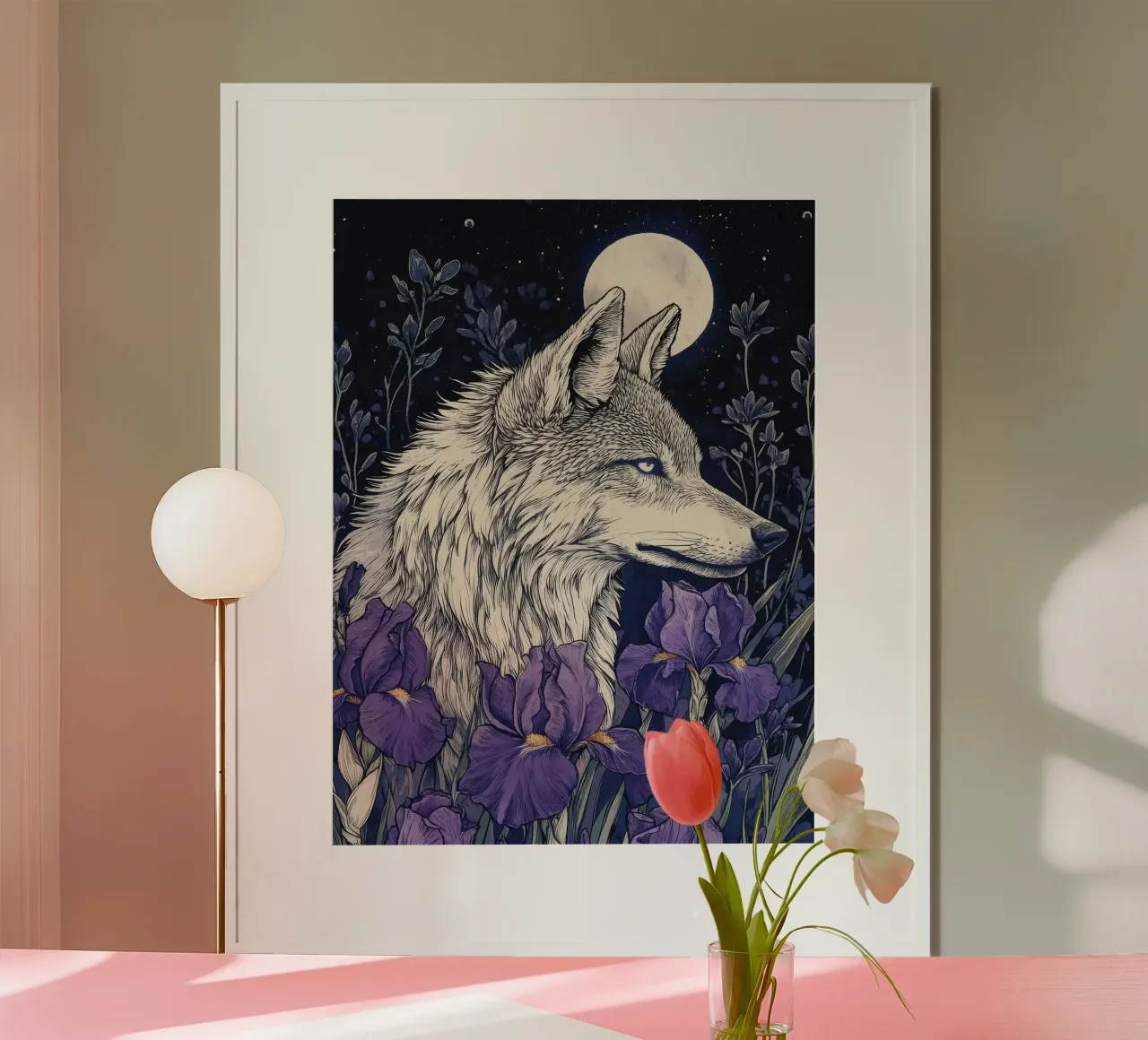 Lupo e Iris, fiori viola lupo luna piena carta hahnemühle da PosterByFly