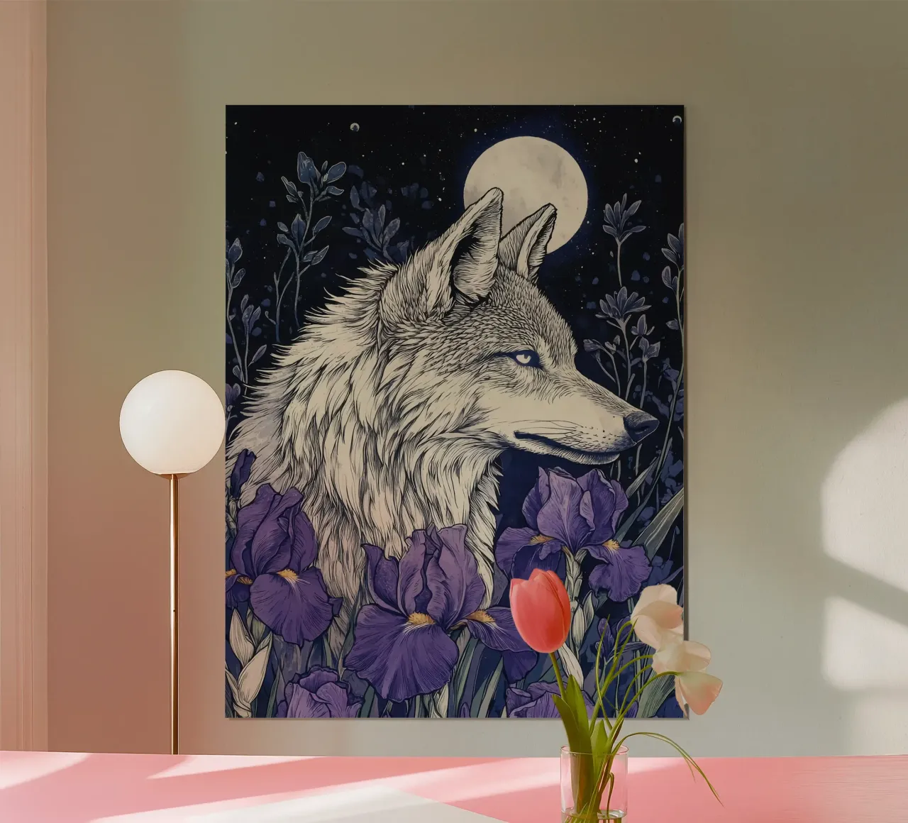 Lupo e Iris, fiori viola lupo luna piena carta hahnemühle da PosterByFly