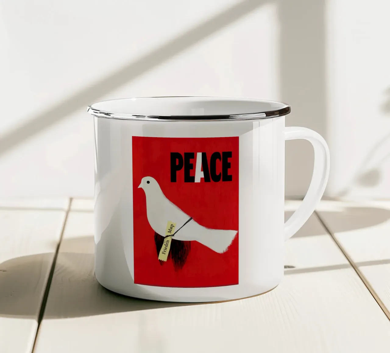 Peace | Colomba della pace con scritta in rosso tazza in smalto da Autofocus