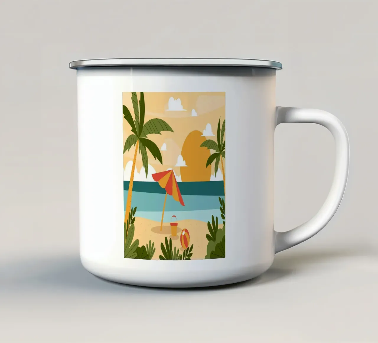 Illustrazione del tramonto sulla spiaggia tazza in smalto da BasicShopByBell