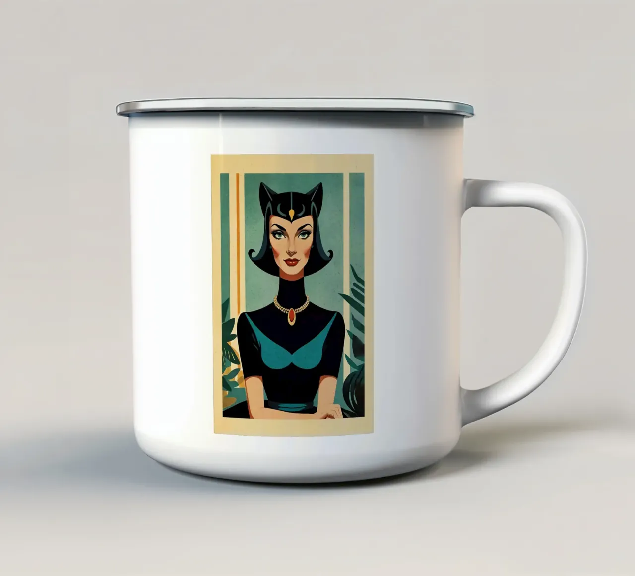 Feline Queen - Retro portretontwerp met poezendame Bujaboom emaille mok van bujaboom
