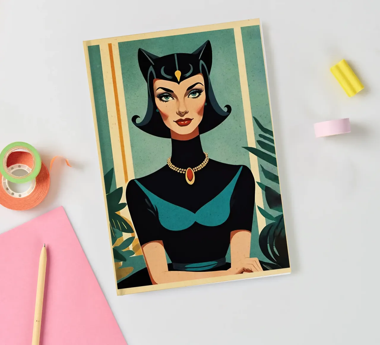 Feline Queen - Retro portrait design with cat lady Bujaboom notebook by bujaboom