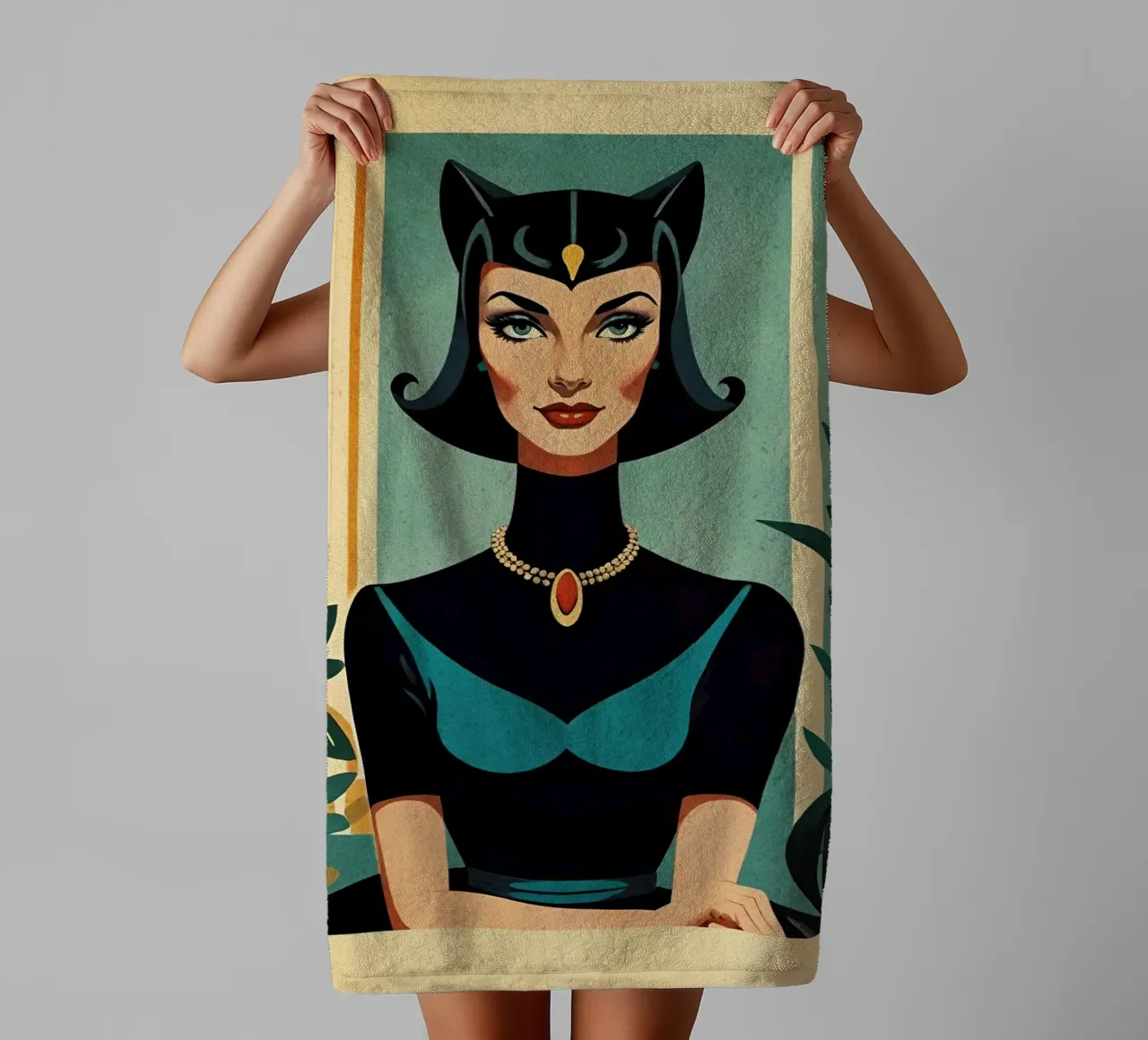 Feline Queen - Retro portretontwerp met poezendame Bujaboom badhanddoek van bujaboom