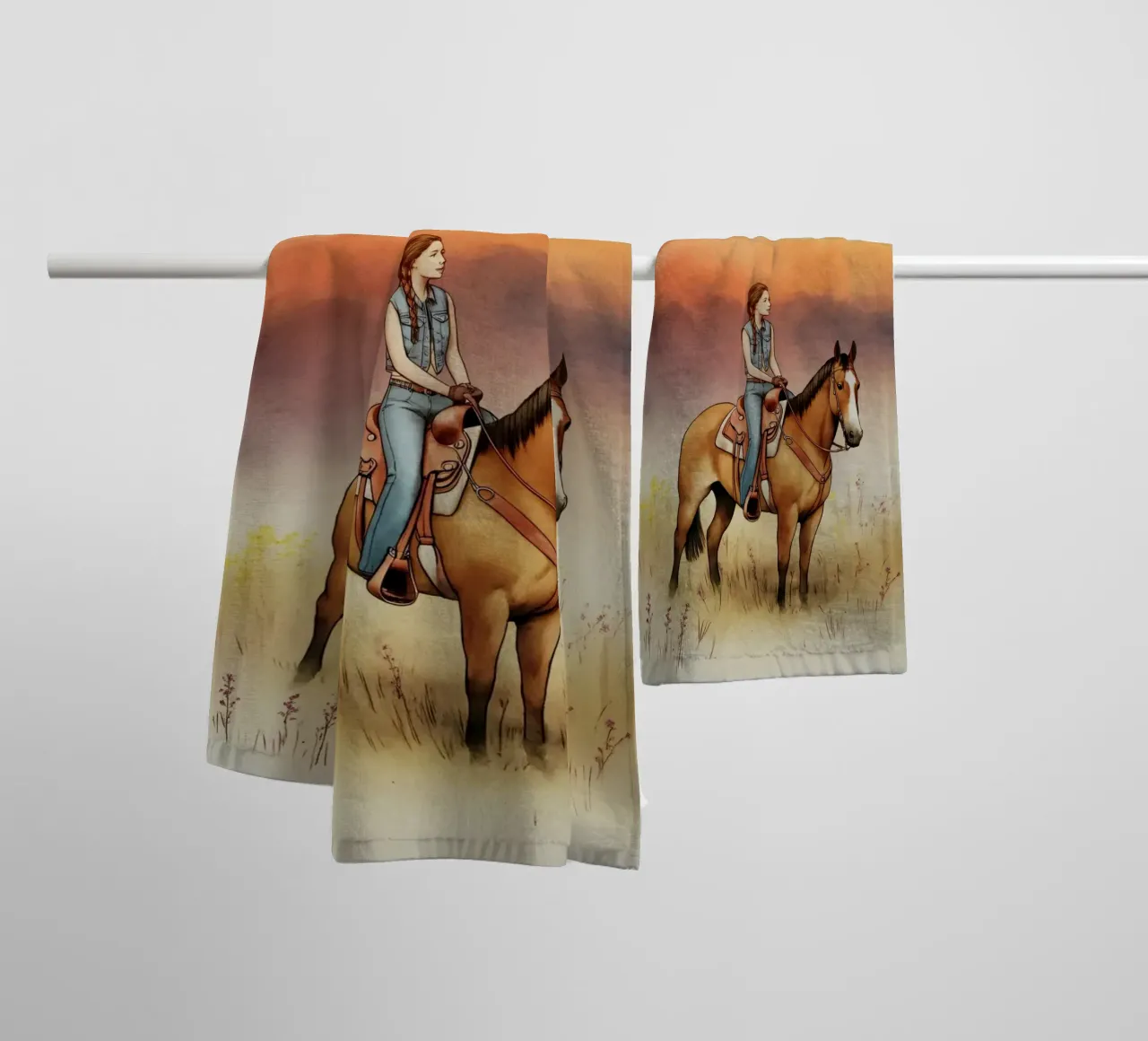 Ruiter in de schemering op de wilde weide badhanddoek van Plain Thoughts