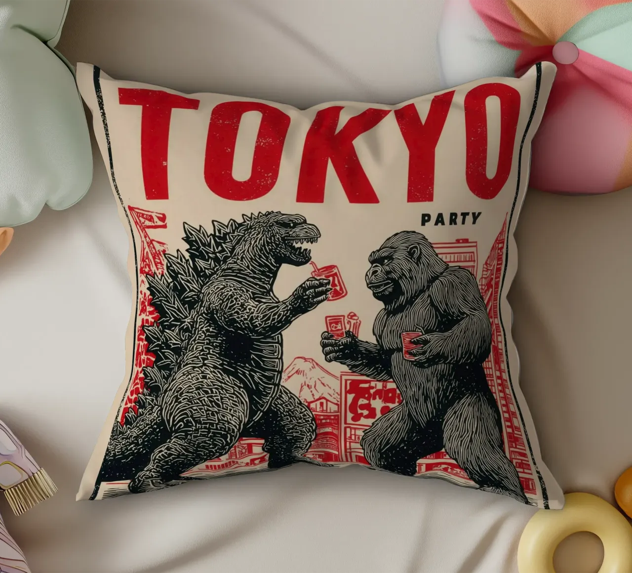 Tokyo Party | Godzilla e King Kong After-Hour cuscino da Autofocus